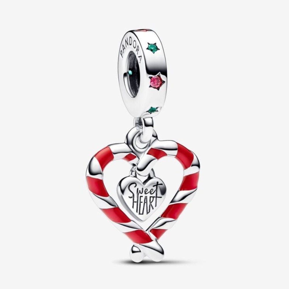 Pandora Double Candy Cane Heart Christmas Dangle Charm - New in Box